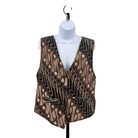 WMNS Bali Print Vest Sleeveless V-neck Button Up Jacket Layering Piece Brown/Tan - Picture 1 of 4